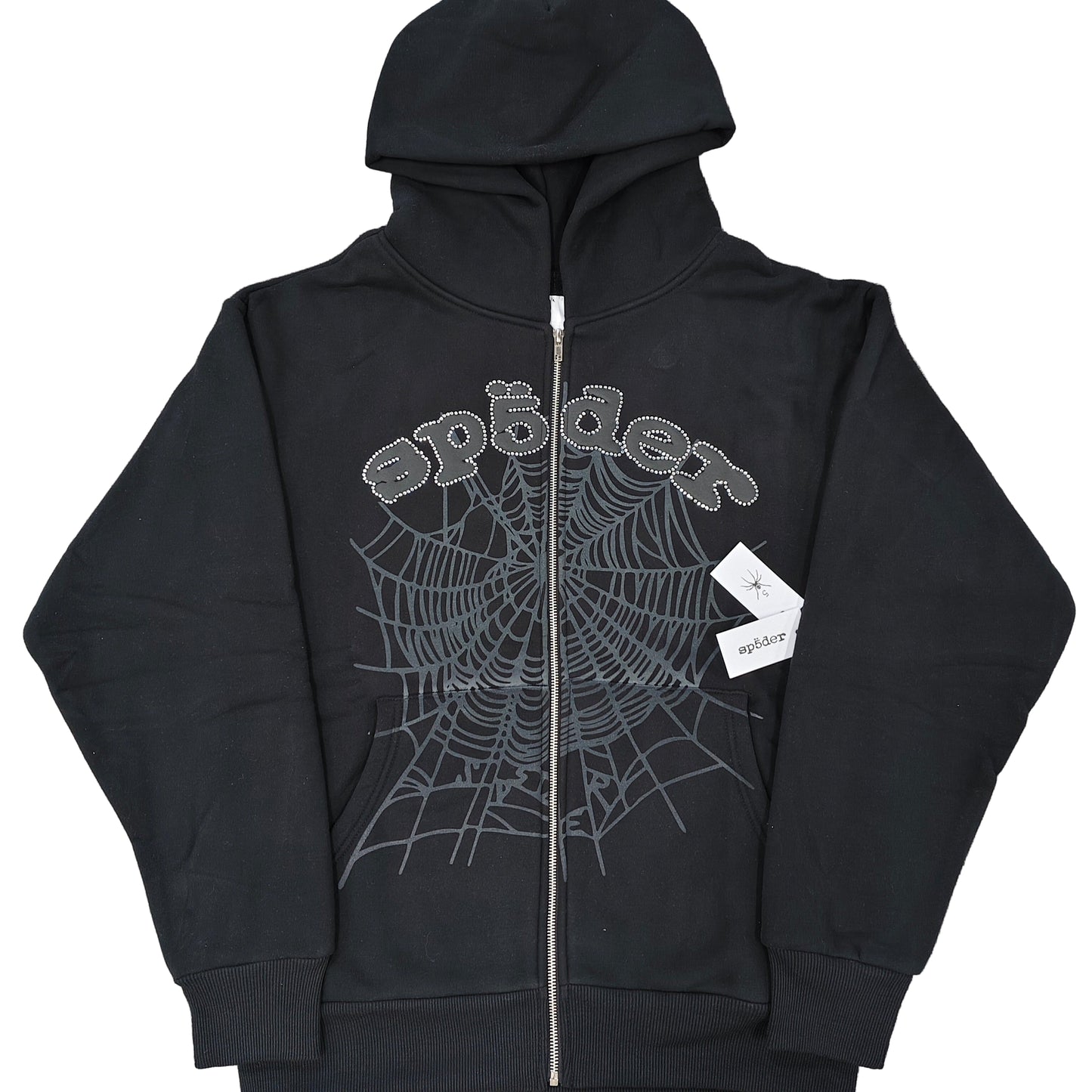 Sp5der Hoodie Zip Up Black and Grey